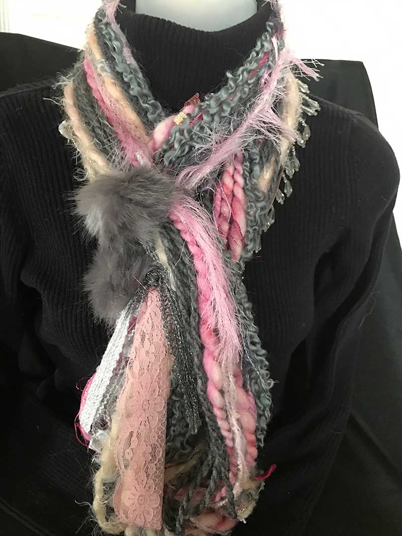 Pink, Grey, Vintage with Furballs Handmade scarves